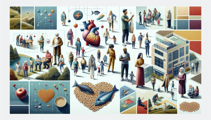 Diverse UK community engaging with NHS omega-3 heart health campaign materials, featuring fish and seeds.