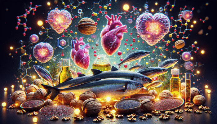 Illustration of omega-3 sources like fish, flaxseeds, walnuts, with hearts, brains, and molecular structures of EPA, DHA, ALA.