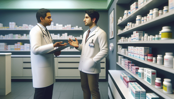 Person in UK pharmacy consulting healthcare professional about supplement injections, surrounded by product shelves.