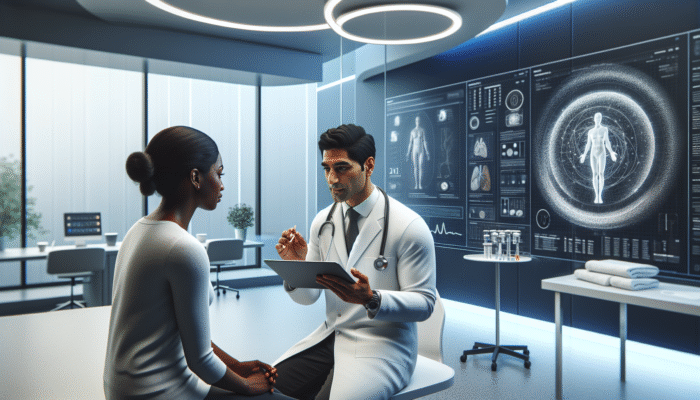 A doctor discussing supplement injections with a patient using a tablet in a clinic.