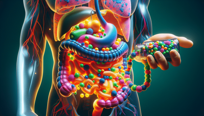 A cross-section of the digestive system showing liposomes protecting nutrients, enhancing absorption, benefiting an athlete.