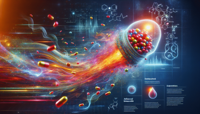 Illustration of liposomal supplements quickly entering bloodstream, symbolizing energy and vitality.